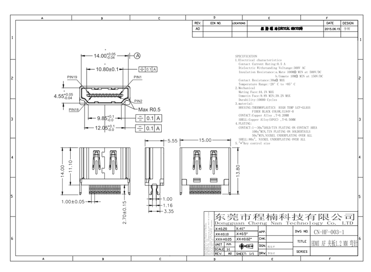 HDMI AF 夹板1.2 MM 弯针 CN-HF-003-1